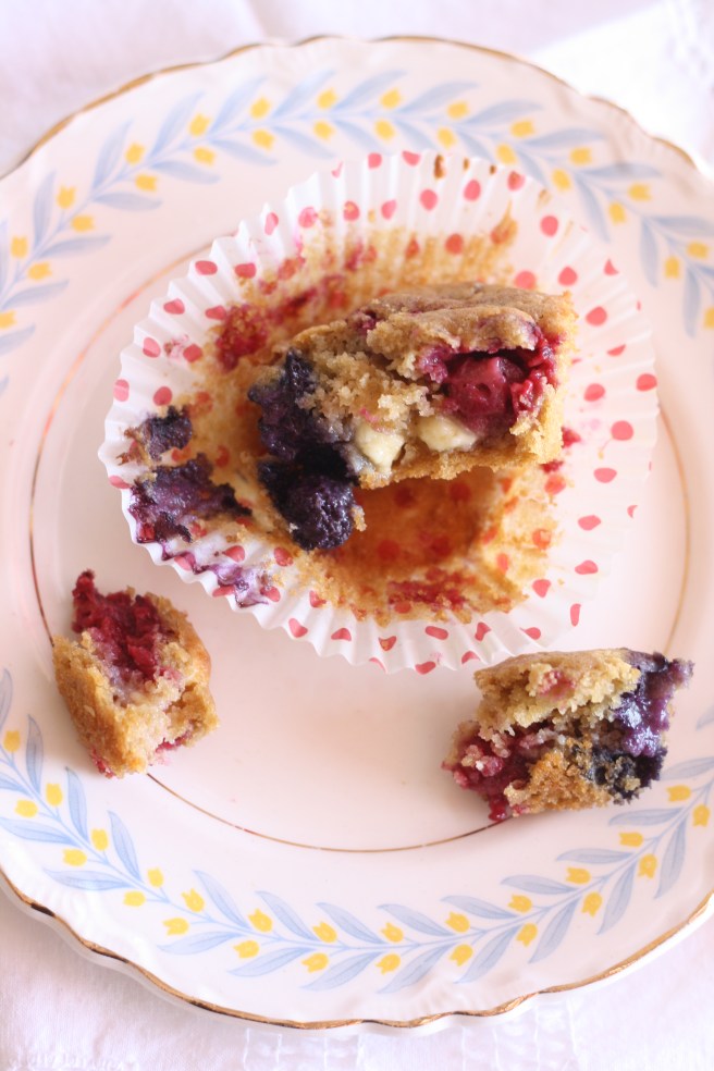 Mixed Berry-White Chocolate Chip Muffins