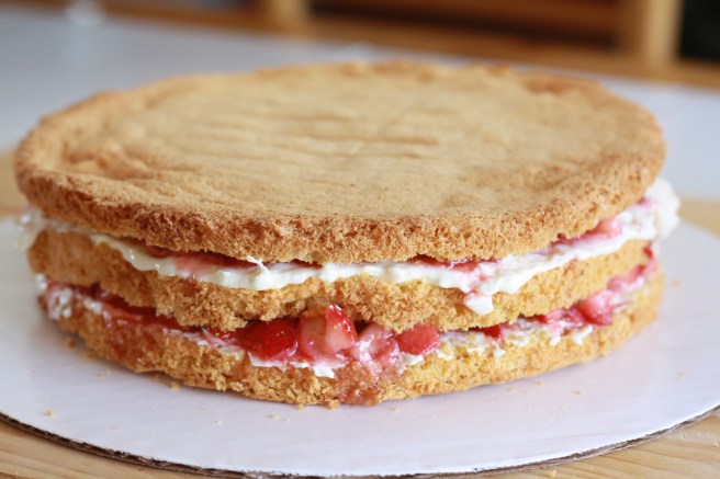 French Strawberry Cake, copyright 2012, gfcelebration.com, All rights reserved French Strawberry Cake - Assembly of Triple Layer Genoise with Filling